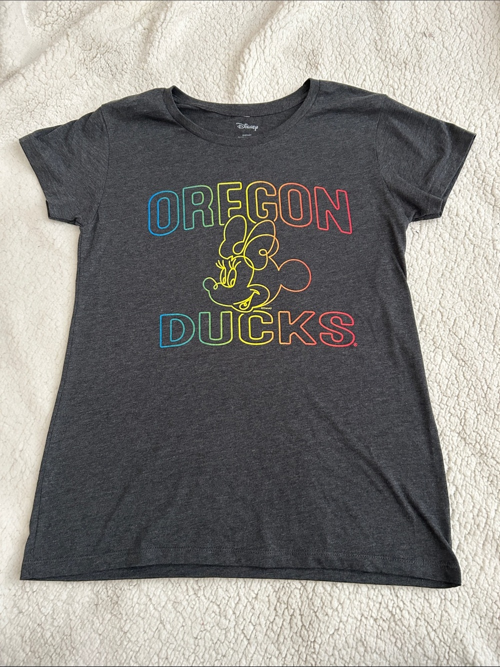 Disney Charcoal Tee with Neon Rainbow Oregon Ducks Graphic “nwot” L